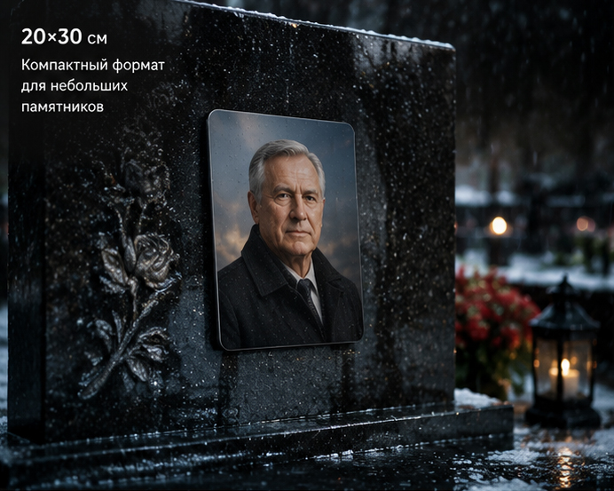 20 на 30 см на небольшом чёрном памятнике в дождливую погоду